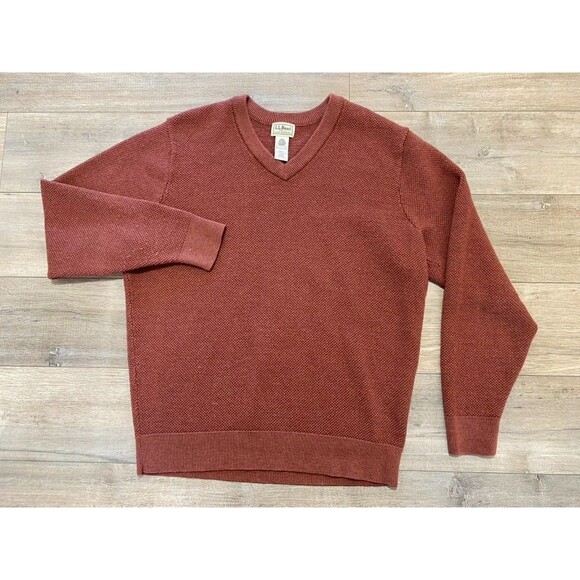 LL Bean Mens L Rust Textured Merino Wool V Neck Pullover Outdoor Sweater - Picture 1 of 8